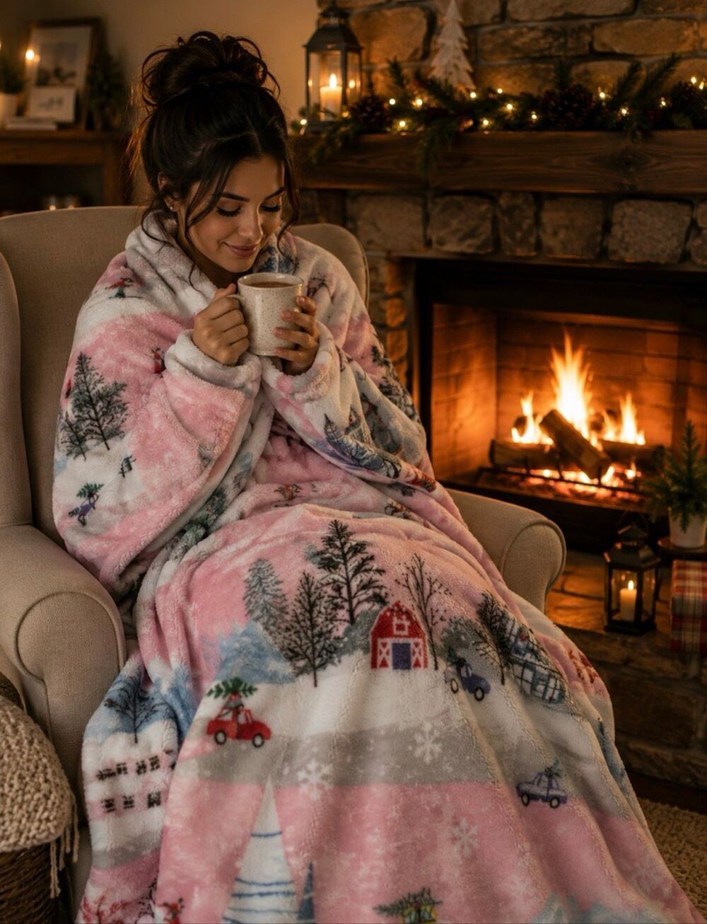 Christmas Farmhouse Luxury Velvet plush Throw Blanket Barbie Pink Christmas tree